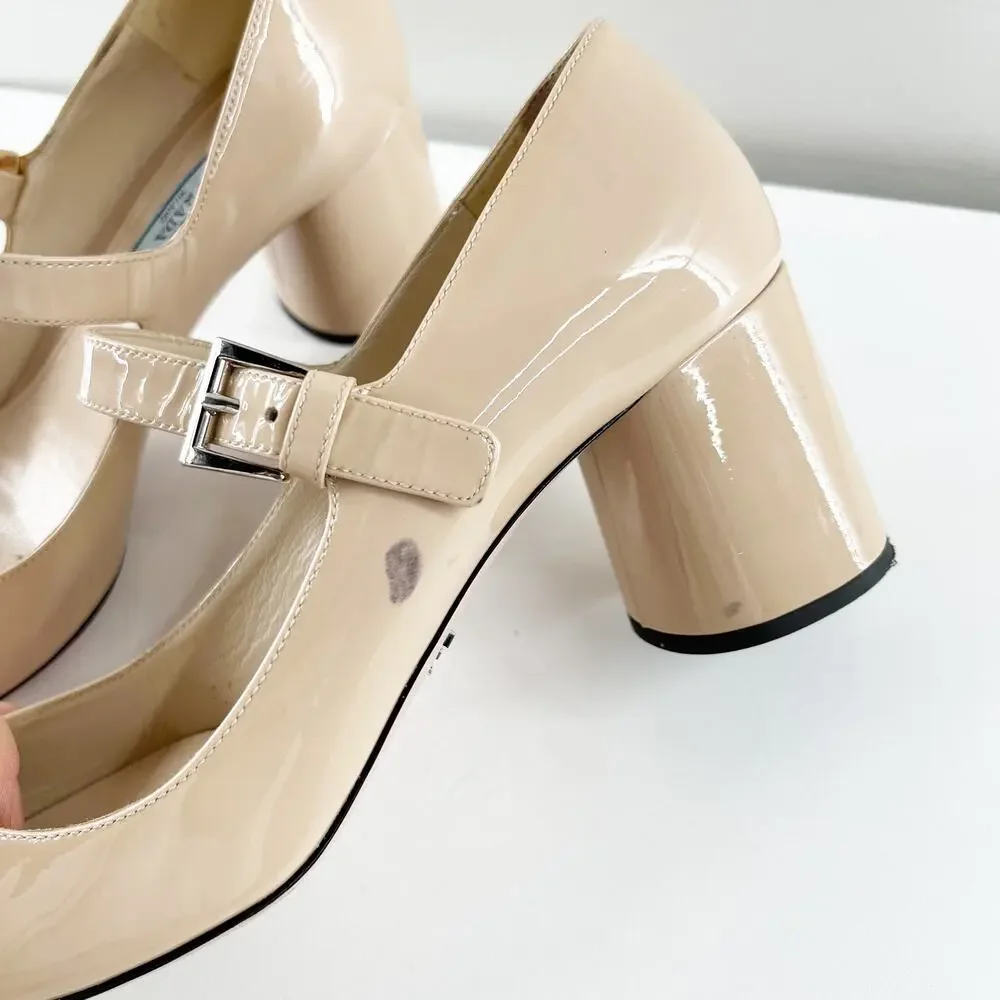 Prada Patent Leather Block Heel Square Toe Mary Jane Pumps Shoes Nude 38.5